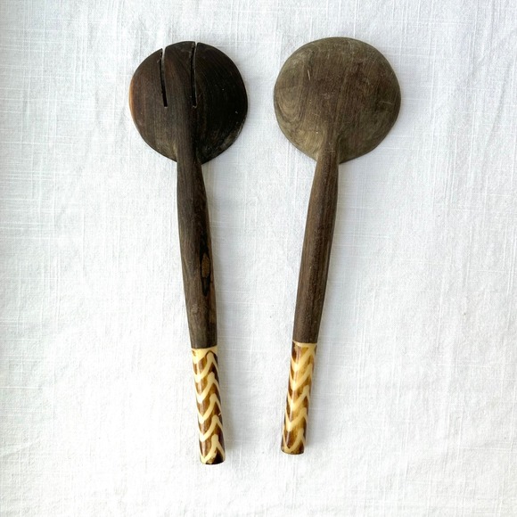Vintage Salad Servers Wooden Serving Spoon Fork Set Decorative Inlay African - Picture 6 of 9